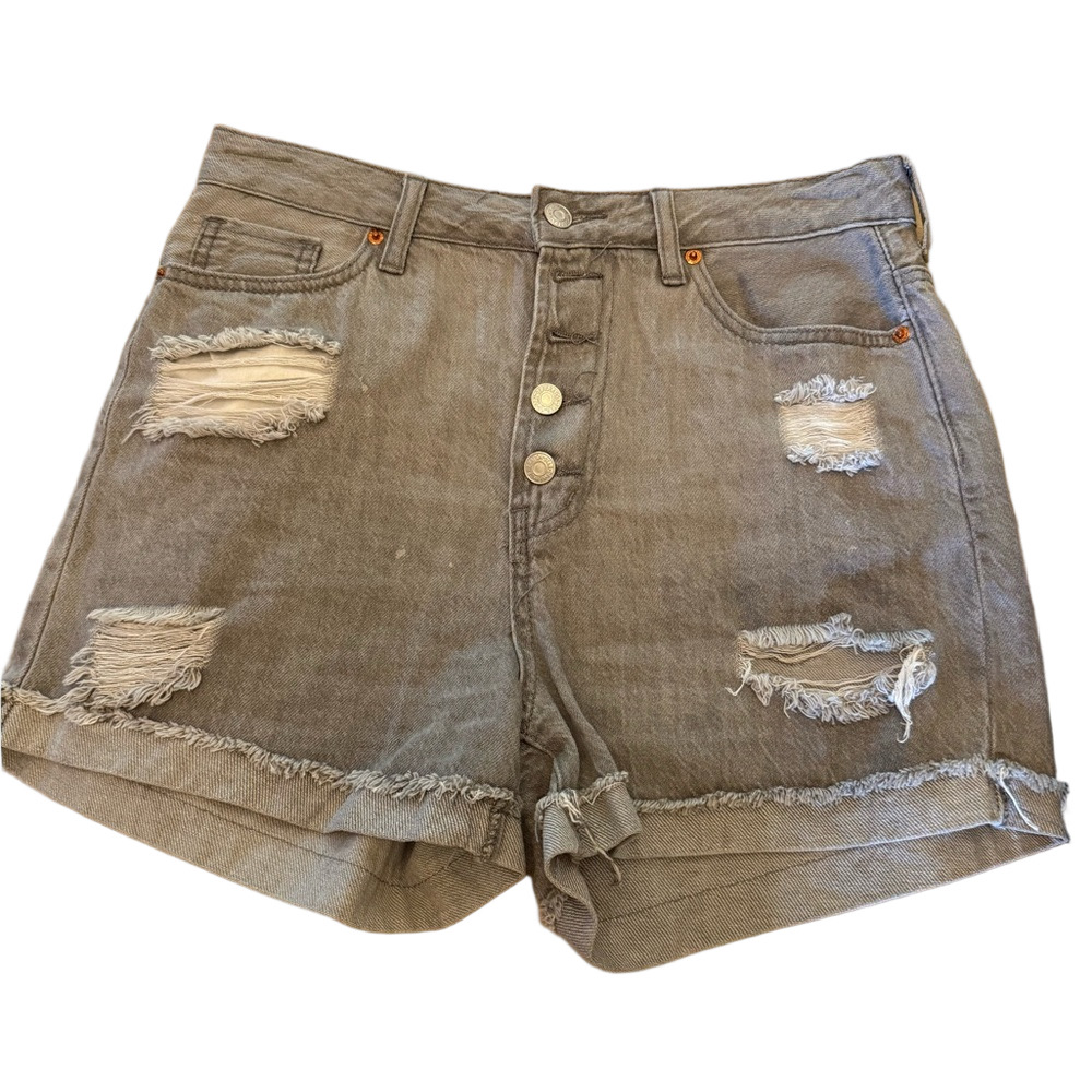 Gray Distressed Jean Shorts with Rolled Hem
